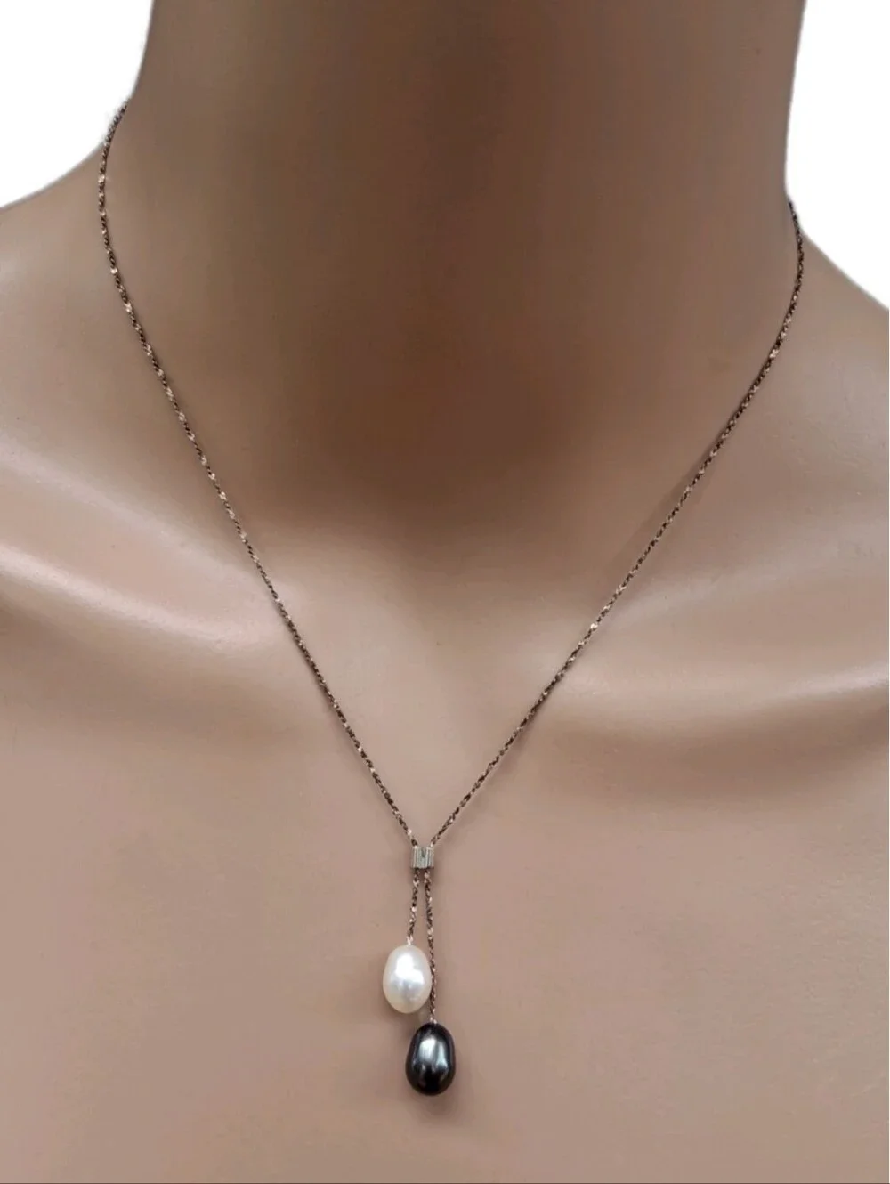 Vintage 925 Italy Sterling Silver Pearl Lariat Serpentine Chain Necklace
